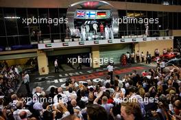 The podium (L to R): Lewis Hamilton (GBR) Mercedes AMG F1, second; Valtteri Bottas (FIN) Mercedes AMG F1, race winner; Sebastian Vettel (GER) Ferrari, third.                                26.11.2017. Formula 1 World Championship, Rd 20, Abu Dhabi Grand Prix, Yas Marina Circuit, Abu Dhabi, Race Day.