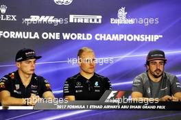 The FIA Press Conference (L to R): Max Verstappen (NLD) Red Bull Racing; Valtteri Bottas (FIN) Mercedes AMG F1; Fernando Alonso (ESP) McLaren. 23.11.2017. Formula 1 World Championship, Rd 20, Abu Dhabi Grand Prix, Yas Marina Circuit, Abu Dhabi, Preparation Day.