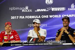 The FIA Press Conference (L to R): Sebastian Vettel (GER) Ferrari; Lewis Hamilton (GBR) Mercedes AMG F1; Daniel Ricciardo (AUS) Red Bull Racing. 23.11.2017. Formula 1 World Championship, Rd 20, Abu Dhabi Grand Prix, Yas Marina Circuit, Abu Dhabi, Preparation Day.