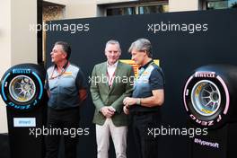 Sean Bratches (USA) Formula 1 Managing Director, Commercial Operations (Centre) and Mario Isola (ITA) Pirelli Racing Manager (Left) revealing the Hard and Hypersoft Pirelli tyres. 23.11.2017. Formula 1 World Championship, Rd 20, Abu Dhabi Grand Prix, Yas Marina Circuit, Abu Dhabi, Preparation Day.