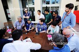 Sergio Perez (MEX) Sahara Force India F1 with the media. 23.11.2017. Formula 1 World Championship, Rd 20, Abu Dhabi Grand Prix, Yas Marina Circuit, Abu Dhabi, Preparation Day.