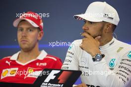 Lewis Hamilton (GBR) Mercedes AMG F1 and Sebastian Vettel (GER) Ferrari in the FIA Press Conference. 22.10.2017. Formula 1 World Championship, Rd 17, United States Grand Prix, Austin, Texas, USA, Race Day.