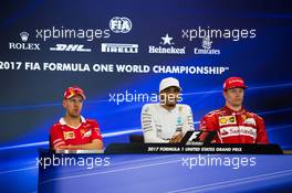 The FIA Press Conference (L to R): Sebastian Vettel (GER) Ferrari, second; Lewis Hamilton (GBR) Mercedes AMG F1, race winner; Kimi Raikkonen (FIN) Ferrari, third. 22.10.2017. Formula 1 World Championship, Rd 17, United States Grand Prix, Austin, Texas, USA, Race Day.