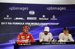 The FIA Press Conference (L to R): Sebastian Vettel (GER) Ferrari; Lewis Hamilton (GBR) Mercedes AMG F1; Valtteri Bottas (FIN) Mercedes AMG F1. 21.10.2017. Formula 1 World Championship, Rd 17, United States Grand Prix, Austin, Texas, USA, Qualifying Day.