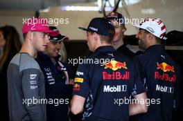 (L to R): Max Verstappen (NLD) Red Bull Racing with Sergio Perez (MEX) Sahara Force India F1; Max Verstappen (NLD) Red Bull Racing; Brendon Hartley (NZL) Scuderia Toro Rosso, and Daniel Ricciardo (AUS) Red Bull Racing. 22.10.2017. Formula 1 World Championship, Rd 17, United States Grand Prix, Austin, Texas, USA, Race Day.