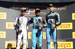 14.05.2017 - Race 2, 2nd place Dorian Boccolacci (FRA) Trident, Arjun Maini (IND) Jenzer Motorsport race winner and 3rd place Alessio Lorandi (ITA) Jenzer Motorsport 12.05.2017-14.05.2016 GP3 Series, Circuit de Barcelona Catalunya, Spain