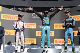 14.05.2017 - Race 2, 2nd place Dorian Boccolacci (FRA) Trident, Arjun Maini (IND) Jenzer Motorsport race winner and 3rd place Alessio Lorandi (ITA) Jenzer Motorsport 12.05.2017-14.05.2016 GP3 Series, Circuit de Barcelona Catalunya, Spain