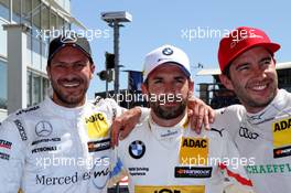 Gary Paffett (GBR) (HWA AG - Mercedes-AMG C 63 DTM) , Timo Glock (GER) (BMW Team RMG - BMW M4 DTM)  und Mike Rockenfeller (GER) (Audi Sport Team Phoenix - Audi RS5 DTM) nach dem Rennen 06.05.2018, DTM Round 1, Hockenheimring, Germany, Sunday.