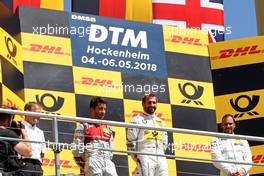 Das Podium mit Mike Rockenfeller (GER) (Audi Sport Team Phoenix - Audi RS5 DTM) , Timo Glock (GER) (BMW Team RMG - BMW M4 DTM)  und Gary Paffett (GBR) (HWA AG - Mercedes-AMG C 63 DTM)  v.li. 06.05.2018, DTM Round 1, Hockenheimring, Germany, Sunday.