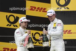 Podium: Lucas Auer (AUT) Mercedes-AMG Team HWA, Mercedes-AMG C63 DTM and Paul Di Resta (GBR) Mercedes-AMG Team HWA, Mercedes-AMG C63 DTM celebrate with the champagne. 02.06.2018, DTM Round 3, Hungaroring, Hungary, Saturday.