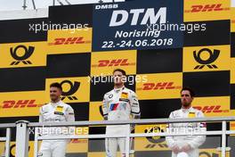 Podium mit Edoardo Mortara (ITA) (HWA AG - Mercedes-AMG C 63 DTM) , Marco Wittmann (GER) (BMW Team RMG - BMW M4 DTM)  und Daniel Juncadella (ESP) (HWA AG - Mercedes-AMG C 63 DTM)  24.06.2018, DTM Round 4, Norisring, Germany, Sunday.