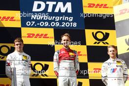 Podium mit Paul Di Resta (GBR) (HWA AG - Mercedes-AMG C 63 DTM) , Rene Rast (GER) (Audi Sport Team Rosberg - Audi RS5 DTM)  und Marco Wittmann (GER) (BMW Team RMG - BMW M4 DTM)  09.09.2018, DTM Round 8, Nürburgring, Germany, Sunday.