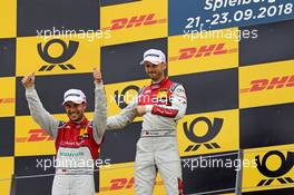 Podium mit Mike Rockenfeller (GER) (Audi Sport Team Phoenix - Audi RS5 DTM) , Rene Rast (GER) (Audi Sport Team Rosberg - Audi RS5 DTM)  22.09.2018, DTM Round 9, Spielberg, Austria, Saturday.