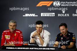 (L to R): Maurizio Arrivabene (ITA) Ferrari Team Principal; Toto Wolff (GER) Mercedes AMG F1 Shareholder and Executive Director; and Christian Horner (GBR) Red Bull Racing Team Principal, in the FIA Press Conference. 23.03.2018. Formula 1 World Championship, Rd 1, Australian Grand Prix, Albert Park, Melbourne, Australia, Practice Day.