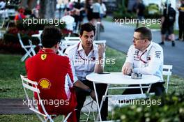 (L to R): Mattia Binotto (ITA) Ferrari Chief Technical Officer with Toto Wolff (GER) Mercedes AMG F1 Shareholder and Executive Director and Andy Cowell (GBR) Mercedes-Benz High Performance Powertrains Managing Director. 23.03.2018. Formula 1 World Championship, Rd 1, Australian Grand Prix, Albert Park, Melbourne, Australia, Practice Day.
