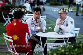 (L to R): Mattia Binotto (ITA) Ferrari Chief Technical Officer with Toto Wolff (GER) Mercedes AMG F1 Shareholder and Executive Director and Andy Cowell (GBR) Mercedes-Benz High Performance Powertrains Managing Director. 23.03.2018. Formula 1 World Championship, Rd 1, Australian Grand Prix, Albert Park, Melbourne, Australia, Practice Day.