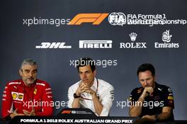 (L to R): Maurizio Arrivabene (ITA) Ferrari Team Principal; Toto Wolff (GER) Mercedes AMG F1 Shareholder and Executive Director; and Christian Horner (GBR) Red Bull Racing Team Principal, in the FIA Press Conference. 23.03.2018. Formula 1 World Championship, Rd 1, Australian Grand Prix, Albert Park, Melbourne, Australia, Practice Day.