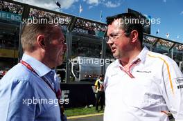 (L to R): Jos Verstappen (NLD) with Eric Boullier (FRA) McLaren Racing Director on the grid. 25.03.2018. Formula 1 World Championship, Rd 1, Australian Grand Prix, Albert Park, Melbourne, Australia, Race Day.