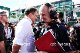 Adrian Newey (GBR) Red Bull Racing Chief Technical Officer and Nicholas Tombazis (GRE) FIA Head of Single-Seater Technical Matters on the grid. 25.03.2018. Formula 1 World Championship, Rd 1, Australian Grand Prix, Albert Park, Melbourne, Australia, Race Day.