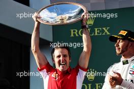 Inaki Rueda (ESP) Ferrari Race Strategist celebrates on the podium. 25.03.2018. Formula 1 World Championship, Rd 1, Australian Grand Prix, Albert Park, Melbourne, Australia, Race Day.