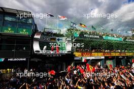 The podium (L to R): Lewis Hamilton (GBR) Mercedes AMG F1, second; Sebastian Vettel (GER) Ferrari, race winner; Kimi Raikkonen (FIN) Ferrari, third. 25.03.2018. Formula 1 World Championship, Rd 1, Australian Grand Prix, Albert Park, Melbourne, Australia, Race Day.