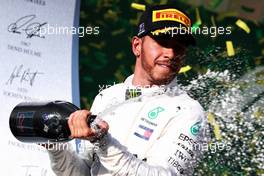 Lewis Hamilton (GBR) Mercedes AMG F1 celebrates his second position on the podium. 25.03.2018. Formula 1 World Championship, Rd 1, Australian Grand Prix, Albert Park, Melbourne, Australia, Race Day.