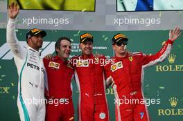 1st place Sebastian Vettel (GER) Ferrari SF71H, 2nd place Lewis Hamilton (GBR) Mercedes AMG F1 W09 and 3rd place Kimi Raikkonen (FIN) Ferrari SF71H. 25.03.2018. Formula 1 World Championship, Rd 1, Australian Grand Prix, Albert Park, Melbourne, Australia, Race Day.