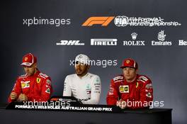 The post qualifying FIA Press Conference (L to R): Sebastian Vettel (GER) Ferrari, third; Lewis Hamilton (GBR) Mercedes AMG F1, pole position; Kimi Raikkonen (FIN) Ferrari, second. 24.03.2018. Formula 1 World Championship, Rd 1, Australian Grand Prix, Albert Park, Melbourne, Australia, Qualifying Day.