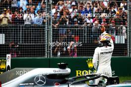 Lewis Hamilton (GBR) Mercedes AMG F1 W09 celebrates his pole position in qualifying parc ferme. 24.03.2018. Formula 1 World Championship, Rd 1, Australian Grand Prix, Albert Park, Melbourne, Australia, Qualifying Day.