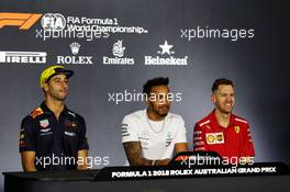 The FIA Press Conference (L to R): Daniel Ricciardo (AUS) Red Bull Racing; Lewis Hamilton (GBR) Mercedes AMG F1; Sebastian Vettel (GER) Ferrari. 22.03.2018. Formula 1 World Championship, Rd 1, Australian Grand Prix, Albert Park, Melbourne, Australia, Preparation Day.