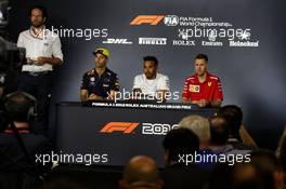 The FIA Press Conference Daniel Ricciardo (AUS) Red Bull Racing; Lewis Hamilton (GBR) Mercedes AMG F1; Sebastian Vettel (GER) Ferrari. 22.03.2018. Formula 1 World Championship, Rd 1, Australian Grand Prix, Albert Park, Melbourne, Australia, Preparation Day.