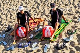 (L to R): Esteban Ocon (FRA) Sahara Force India F1 Team with team mate Sergio Perez (MEX) Sahara Force India F1 - Havaianas. 22.03.2018. Formula 1 World Championship, Rd 1, Australian Grand Prix, Albert Park, Melbourne, Australia, Preparation Day.