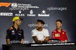 The FIA Press Conference (L to R): Daniel Ricciardo (AUS) Red Bull Racing; Lewis Hamilton (GBR) Mercedes AMG F1; Sebastian Vettel (GER) Ferrari. 22.03.2018. Formula 1 World Championship, Rd 1, Australian Grand Prix, Albert Park, Melbourne, Australia, Preparation Day.