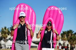 (L to R): Esteban Ocon (FRA) Sahara Force India F1 Team and Sergio Perez (MEX) Sahara Force India F1 - Havaianas. 21.03.2018. Formula 1 World Championship, Rd 1, Australian Grand Prix, Albert Park, Melbourne, Australia, Preparation Day.