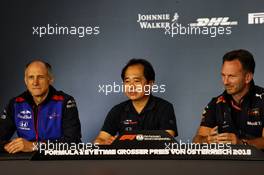 The FIA Press Conference (L to R): Franz Tost (AUT) Scuderia Toro Rosso Team Principal; Toyoharu Tanabe (JPN) Honda F1 Technical Director; Christian Horner (GBR) Red Bull Racing Team Principal. 29.06.2018. Formula 1 World Championship, Rd 9, Austrian Grand Prix, Spielberg, Austria, Practice Day.