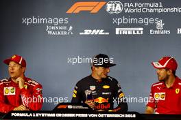 The post race FIA Press Conference (L to R): Kimi Raikkonen (FIN) Ferrari, second; Max Verstappen (NLD) Red Bull Racing, race winner; Sebastian Vettel (GER) Ferrari, third. 01.07.2018. Formula 1 World Championship, Rd 9, Austrian Grand Prix, Spielberg, Austria, Race Day.