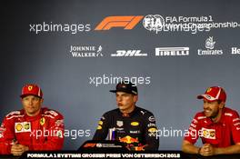 The post race FIA Press Conference (L to R): Kimi Raikkonen (FIN) Ferrari, second; Max Verstappen (NLD) Red Bull Racing, race winner; Sebastian Vettel (GER) Ferrari, third. 01.07.2018. Formula 1 World Championship, Rd 9, Austrian Grand Prix, Spielberg, Austria, Race Day.