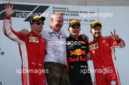 1st place Max Verstappen (NLD) Red Bull Racing RB14, 2nd place Kimi Raikkonen (FIN) Ferrari SF71H and 3rd Sebastian Vettel (GER) Ferrari SF71H. 01.07.2018. Formula 1 World Championship, Rd 9, Austrian Grand Prix, Spielberg, Austria, Race Day.