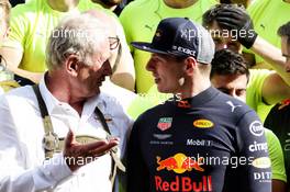 (L to R): Dr Helmut Marko (AUT) Red Bull Motorsport Consultant with race winner Max Verstappen (NLD) Red Bull Racing. 01.07.2018. Formula 1 World Championship, Rd 9, Austrian Grand Prix, Spielberg, Austria, Race Day.