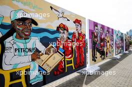 F1 drivers murals - (L to R): Lewis Hamilton (GBR) Mercedes AMG F1; Sebastian Vettel (GER) Ferrari; Kimi Raikkonen (FIN) Ferrari. 27.04.2018. Formula 1 World Championship, Rd 4, Azerbaijan Grand Prix, Baku Street Circuit, Azerbaijan, Practice Day.