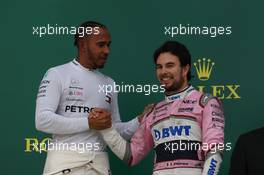 Lewis Hamilton (GBR) Mercedes AMG F1 W09 and Sergio Perez (MEX) Sahara Force India F1 VJM11. 29.04.2018. Formula 1 World Championship, Rd 4, Azerbaijan Grand Prix, Baku Street Circuit, Azerbaijan, Race Day.