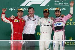 1st place for Lewis Hamilton (GBR) Mercedes AMG F1 W09, 2nd for Kimi Raikkonen (FIN) Ferrari SF71H and 3rd place for Sergio Perez (MEX) Sahara Force India F1 VJM11. 29.04.2018. Formula 1 World Championship, Rd 4, Azerbaijan Grand Prix, Baku Street Circuit, Azerbaijan, Race Day.