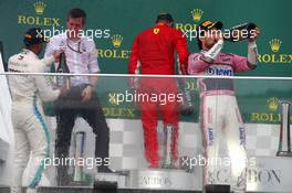 Lewis Hamilton (GBR) Mercedes AMG F1 W09 with Kimi Raikkonen (FIN) Ferrari SF71H and Sergio Perez (MEX) Sahara Force India F1 VJM11. 29.04.2018. Formula 1 World Championship, Rd 4, Azerbaijan Grand Prix, Baku Street Circuit, Azerbaijan, Race Day.