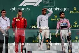 The podium (L to R): Kimi Raikkonen (FIN) Ferrari, second; Lewis Hamilton (GBR) Mercedes AMG F1, race winner; Sergio Perez (MEX) Sahara Force India F1, third. 29.04.2018. Formula 1 World Championship, Rd 4, Azerbaijan Grand Prix, Baku Street Circuit, Azerbaijan, Race Day.