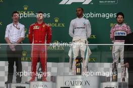 1st place for Lewis Hamilton (GBR) Mercedes AMG F1 W09, 2nd for Kimi Raikkonen (FIN) Ferrari SF71H and 3rd place for Sergio Perez (MEX) Sahara Force India F1 VJM11. 29.04.2018. Formula 1 World Championship, Rd 4, Azerbaijan Grand Prix, Baku Street Circuit, Azerbaijan, Race Day.