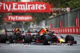 Max Verstappen (NLD) Red Bull Racing RB14 leads team mate Daniel Ricciardo (AUS) Red Bull Racing RB14. 29.04.2018. Formula 1 World Championship, Rd 4, Azerbaijan Grand Prix, Baku Street Circuit, Azerbaijan, Race Day.