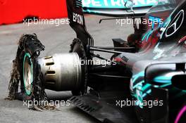 The punctured rear tyre of race retiree Valtteri Bottas (FIN) Mercedes AMG F1 W09. 29.04.2018. Formula 1 World Championship, Rd 4, Azerbaijan Grand Prix, Baku Street Circuit, Azerbaijan, Race Day.