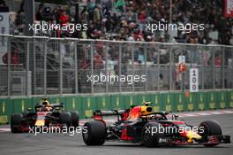 Max Verstappen (NLD) Red Bull Racing RB14 leads team mate Daniel Ricciardo (AUS) Red Bull Racing RB14. 29.04.2018. Formula 1 World Championship, Rd 4, Azerbaijan Grand Prix, Baku Street Circuit, Azerbaijan, Race Day.