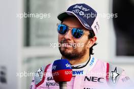 Sergio Perez (MEX) Sahara Force India F1 with the media. 28.04.2018. Formula 1 World Championship, Rd 4, Azerbaijan Grand Prix, Baku Street Circuit, Azerbaijan, Qualifying Day.