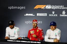 The post qualifying FIA Press Conference (L to R): Lewis Hamilton (GBR) Mercedes AMG F1, second; Sebastian Vettel (GER) Ferrari, pole position; Valtteri Bottas (FIN) Mercedes AMG F1, third. 28.04.2018. Formula 1 World Championship, Rd 4, Azerbaijan Grand Prix, Baku Street Circuit, Azerbaijan, Qualifying Day.